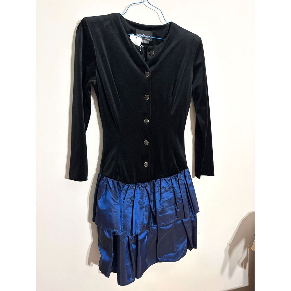 Vintage By Choice Dress Black Velvet Blue Taffeta Ruffle Party Dress Made in USA